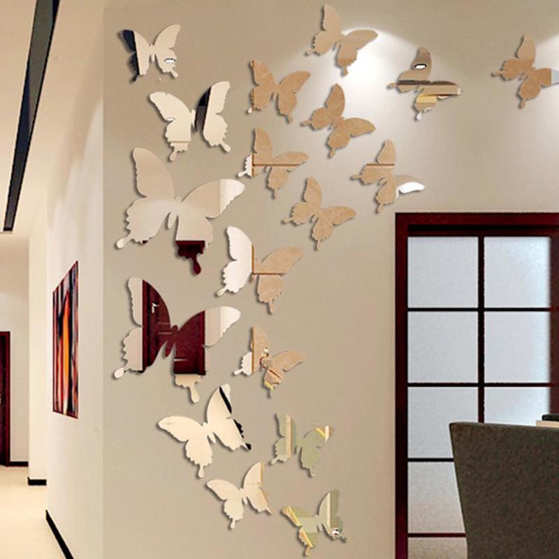 Butterfly Acrylic Mirror Wall Sticker Gold Silver Self-Adhesive Wall Decoration Decals Home Decor for Kids Room