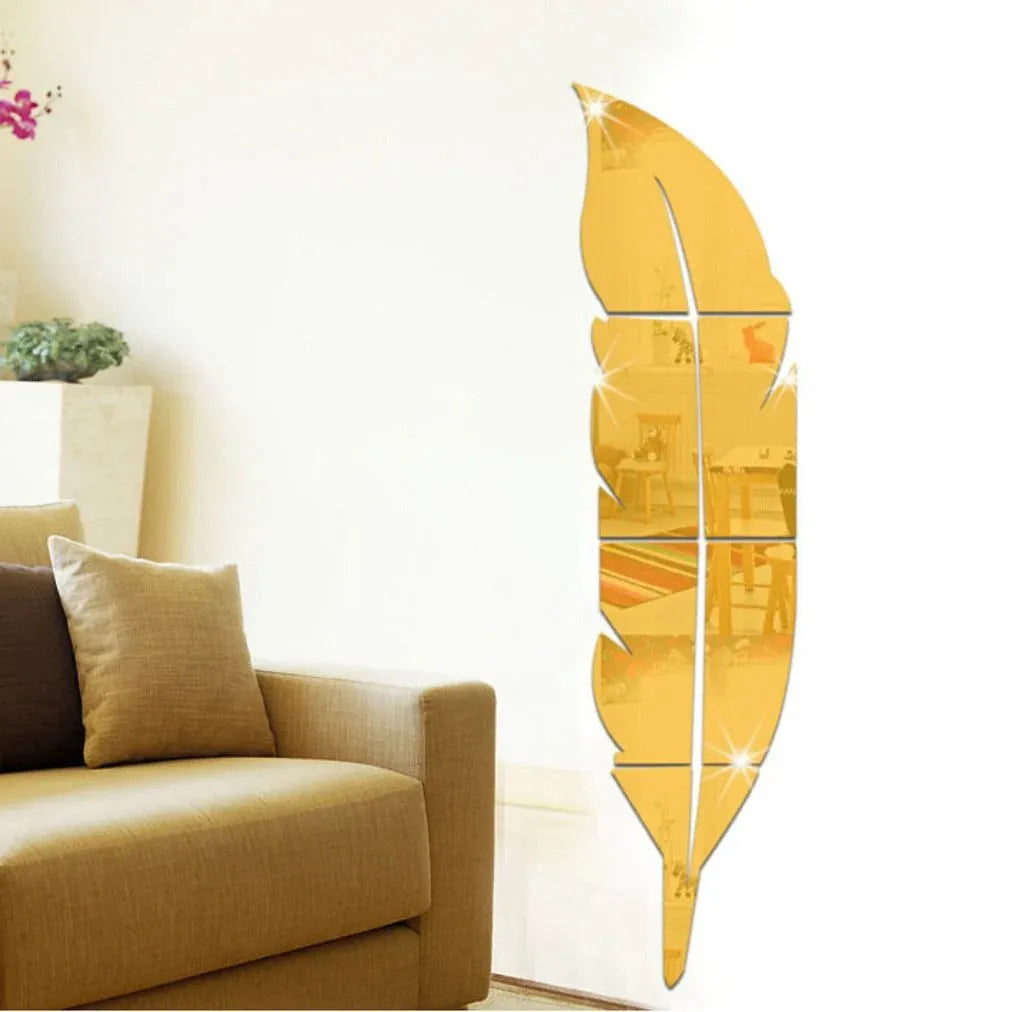 Feather Acrylic Mirror Wall Sticker, Leaf Gold Silver Self-Adhesive Wall Decoration Decals Home Decor for Kids Room