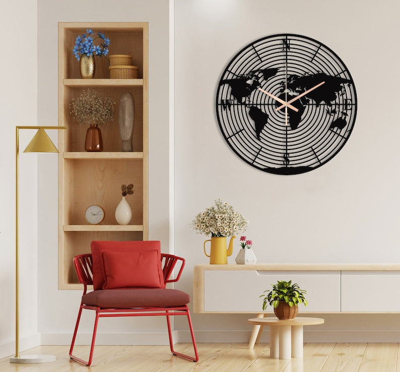 World Map Wall Clock for Boys Room Decor Black Wood –