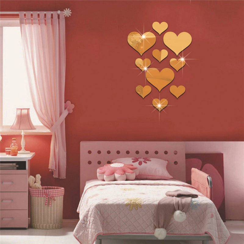 Hearts shape Acrylic Mirror Wall Sticker Gold Silver Self-Adhesive Wall Decoration Decals Home Decor for Living Room