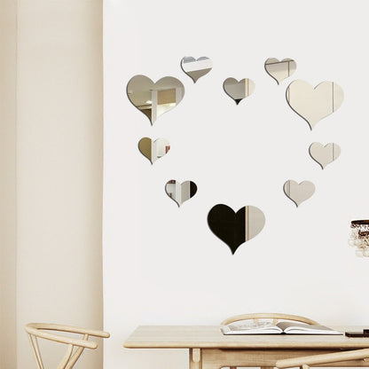 Hearts shape Acrylic Mirror Wall Sticker Gold Silver Self-Adhesive Wall Decoration Decals Home Decor for Living Room